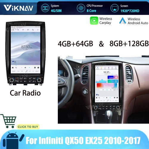 Android Car GPS Navigation For Infiniti QX50 EX25 2010-2017 Car Radio Latest System Stereo Recorder Wireless Carplay Head Unit(64GB)