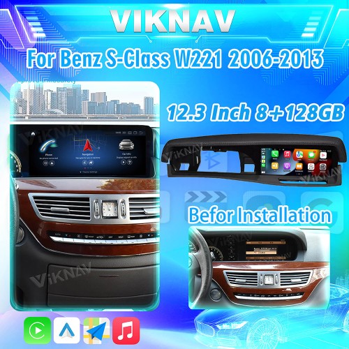 Viknav Android Hear Unit For Mercedes Benz S Class 2006-2013 12.3 Inch Touch Screen Car Radio With Wireless Carplay(Black-128GB)