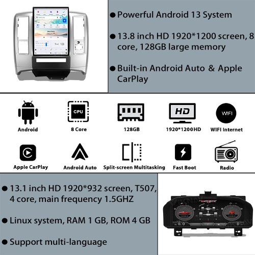 Viknav 13.8 inch Touch Screen Android Car Radio For Dodge RAM 2008-2012 Wireless Carplay GPS Navigation With Car Speedometer