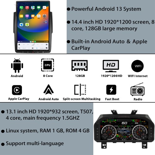 Viknav 14.4 Inch Touch Screen Android Car Radio For Dodge RAM 2013-2018 Wireless Carplay GPS Navigation Head Unit With 13.1 Inch Car Speedometer