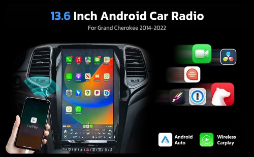 VIKNAV 13.6 Inch Car Radio For Grand Cherokee 2014 2015 2016 2017 2018 2019 2020 2021 2022 Multimedia Player GPS Navigation Wireless CarPlay (Glossy Black 128GB)