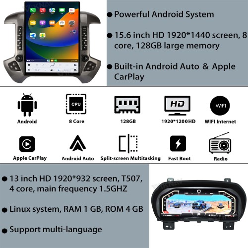 Viknav 15.6 inch Touch Screen Android Car Radio For Chevrolet Silverado GMC SIERRA 2014-2018 Wireless Carplay GPS Navigation With 13 Inch Car Digital Cluster