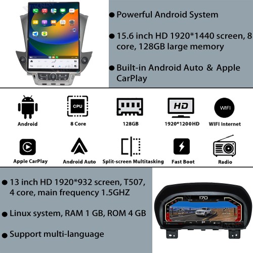 Viknav 15.6 inch Touch Screen Android Car Radio For Chevrolet Tahoe Suburban GMC Yukon 2014-2020 Wireless Carplay GPS Navigation With 13 Inch Car Digital Cluster